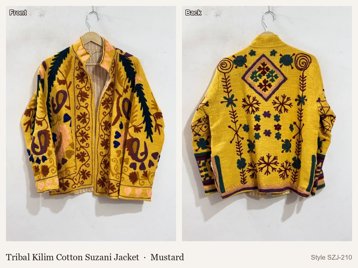 Tribal Kilim Cotton Suzani Jacket in Mustard, front and back