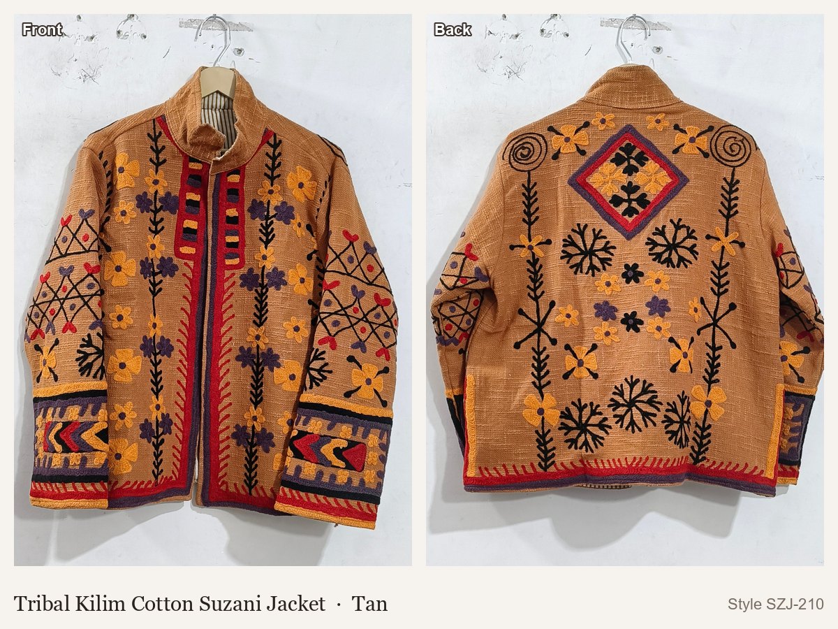 Tribal Kilim Cotton Suzani Jacket in Tan, front and back