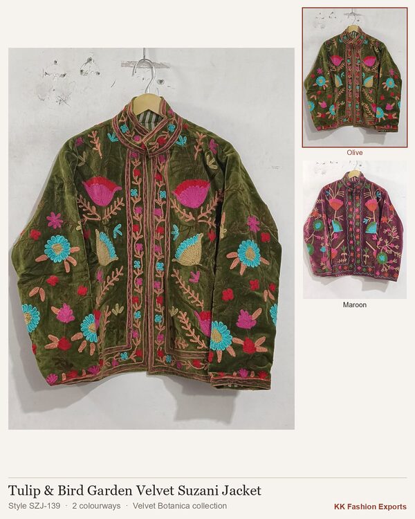 Tulip & Bird Garden Velvet Suzani Jacket, style SZJ-139, shown in 2 colourways