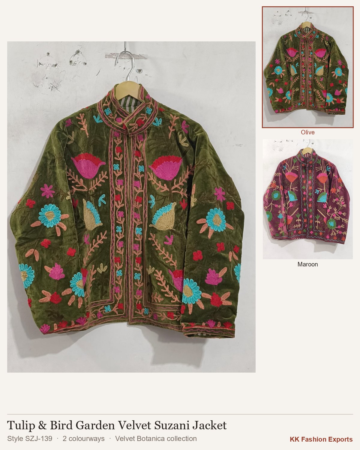 Tulip & Bird Garden Velvet Suzani Jacket, style SZJ-139, shown in 2 colourways