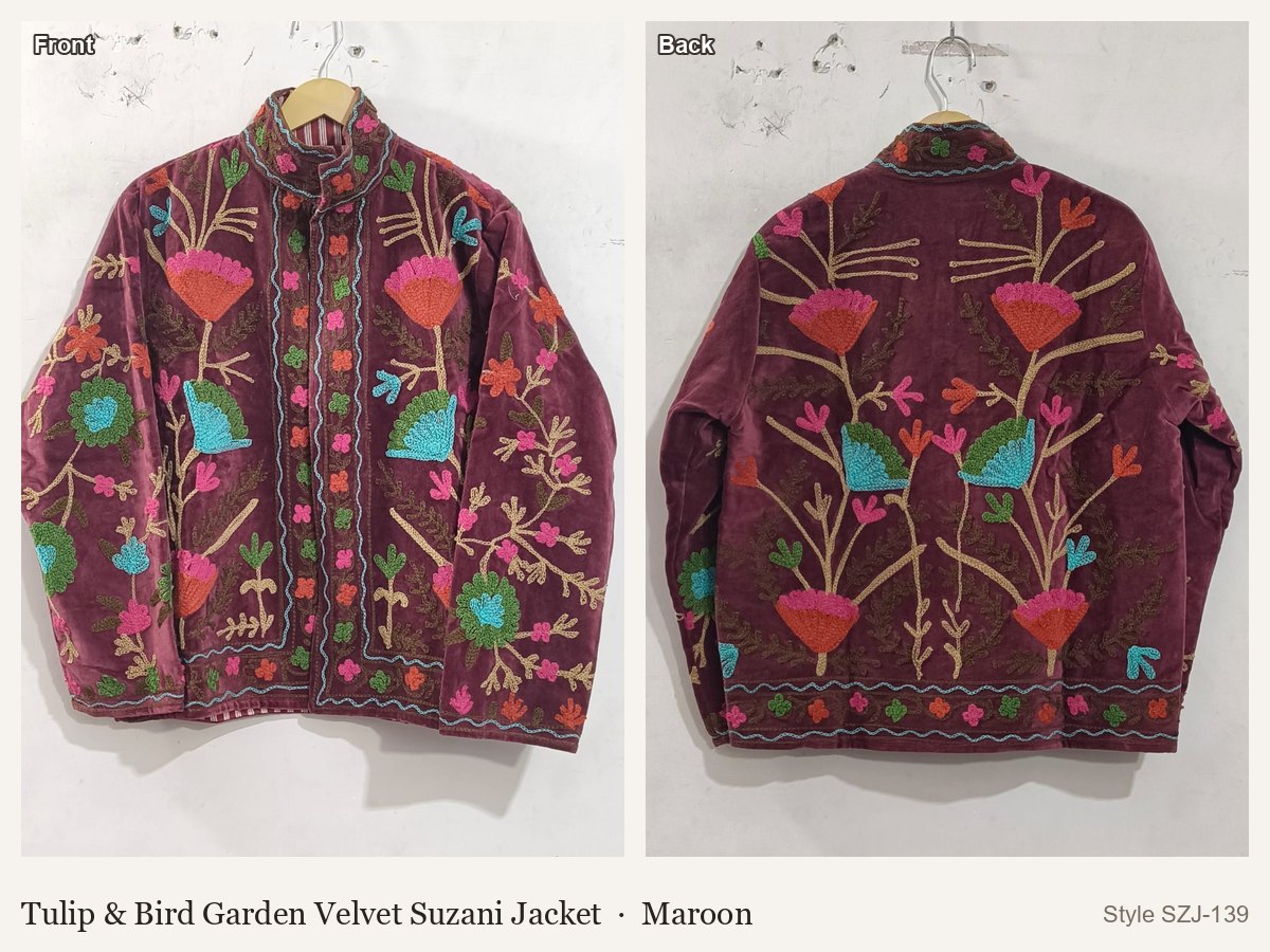 Tulip & Bird Garden Velvet Suzani Jacket in Maroon, front and back