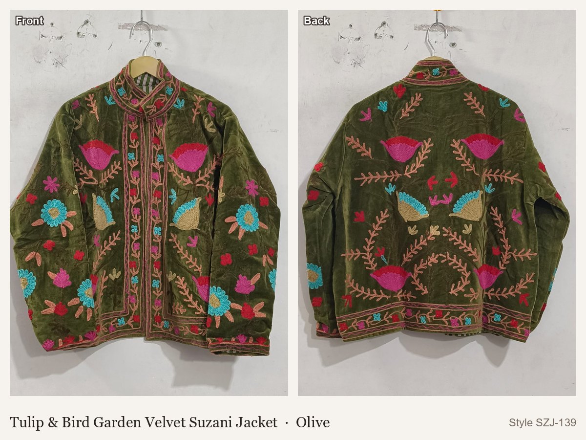 Tulip & Bird Garden Velvet Suzani Jacket in Olive, front and back
