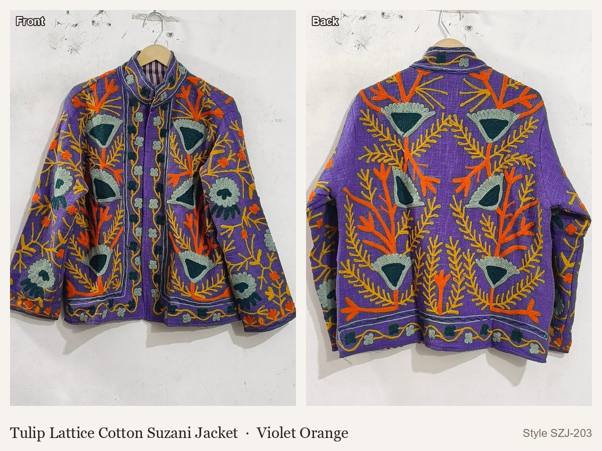 Tulip Lattice Cotton Suzani Jacket in Violet Orange, front and back