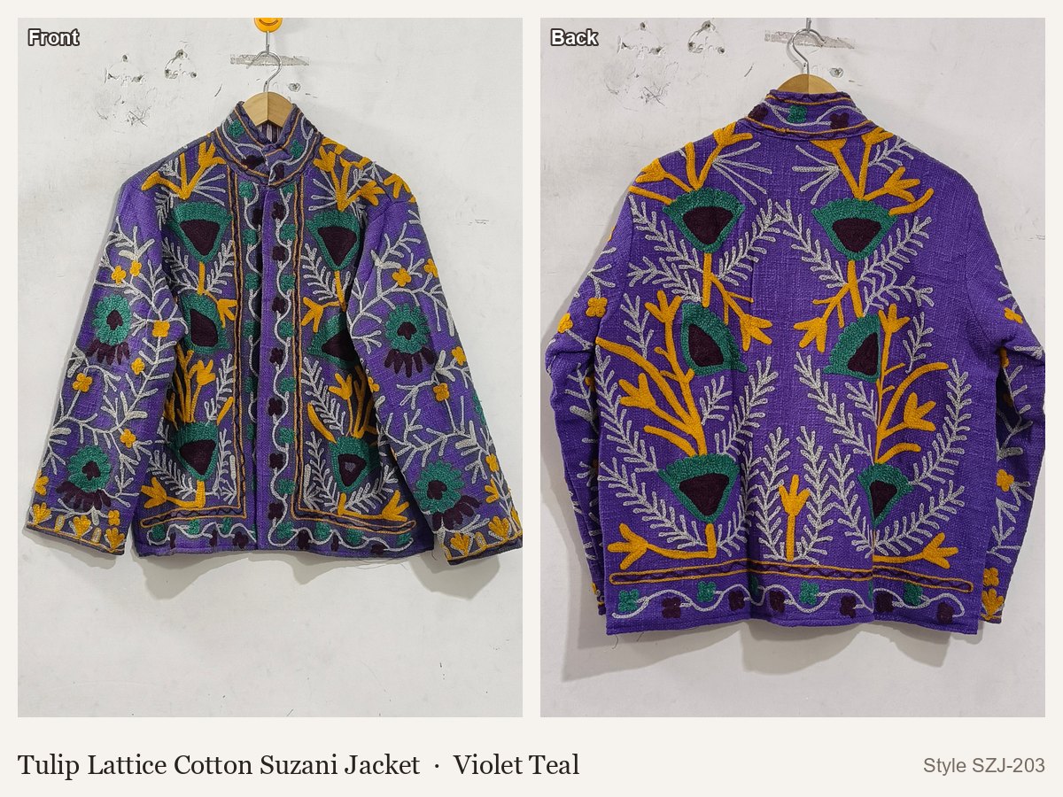 Tulip Lattice Cotton Suzani Jacket in Violet Teal, front and back