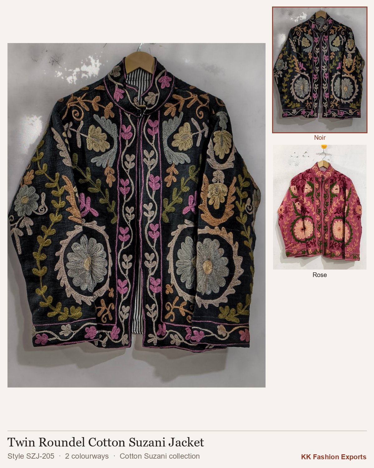 Twin Roundel Cotton Suzani Jacket, style SZJ-205, shown in 2 colourways