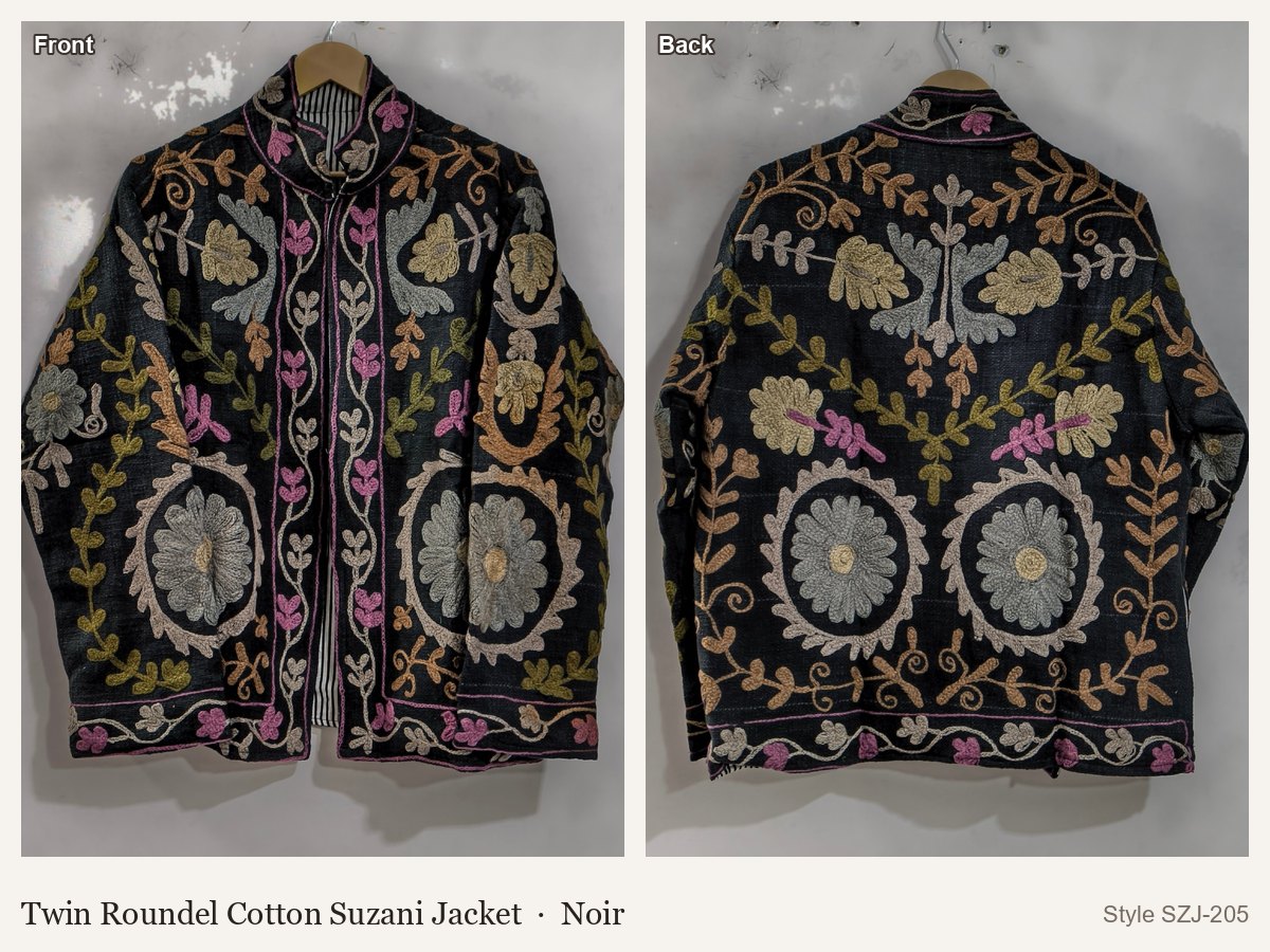 Twin Roundel Cotton Suzani Jacket in Noir, front and back