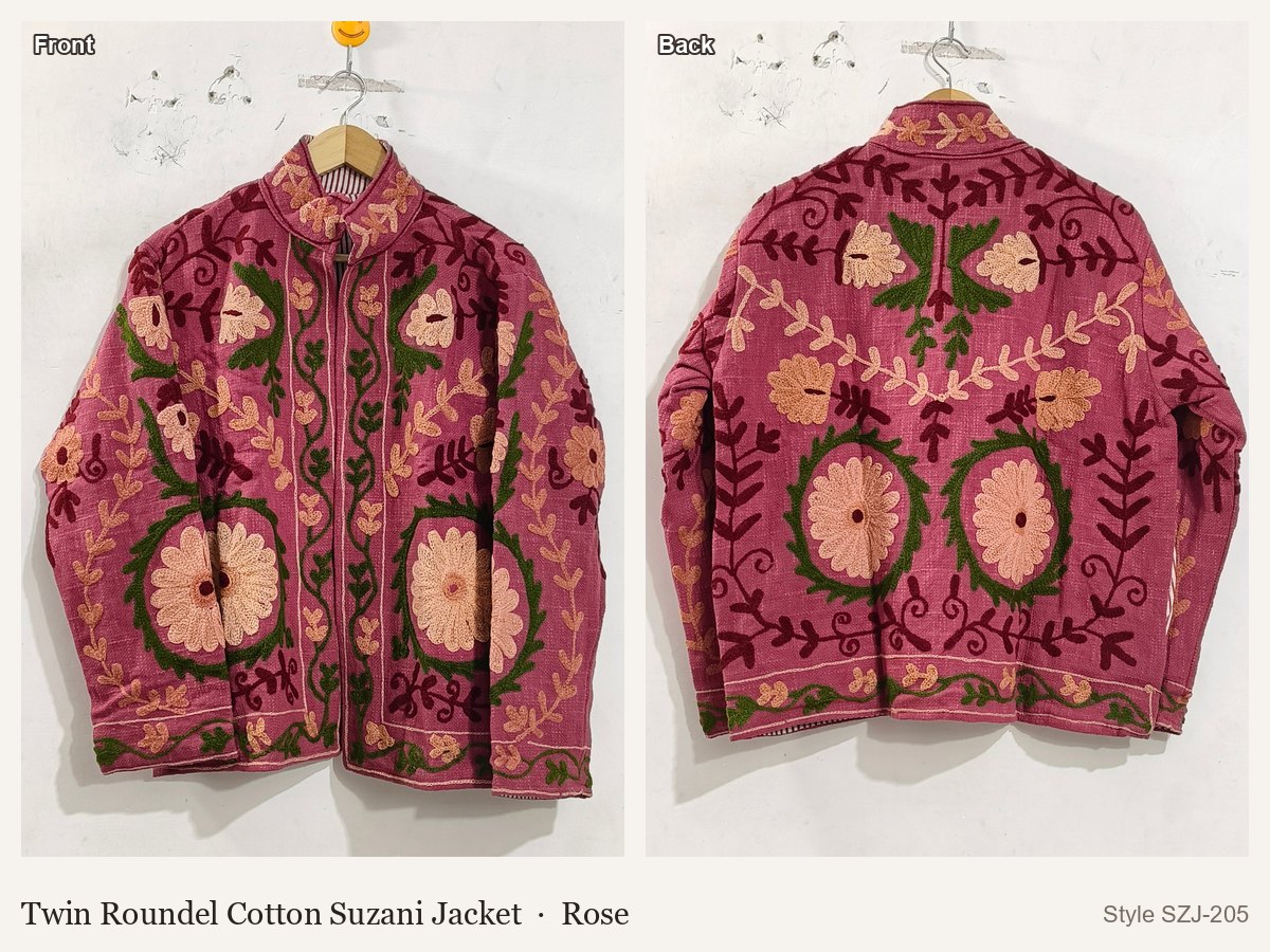 Twin Roundel Cotton Suzani Jacket in Rose, front and back