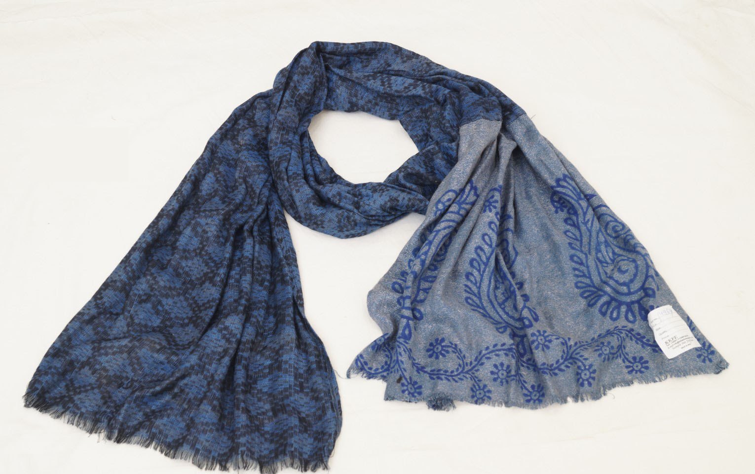 Navy viscose jacquard shawl with paisley border and frayed ends