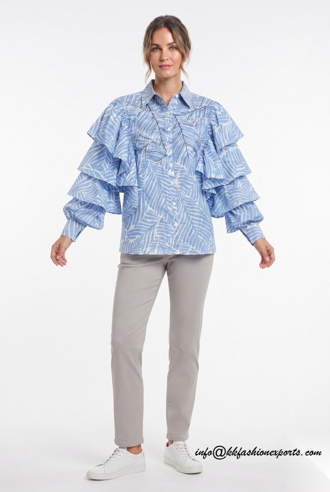 Cotton Printed Shirt with Frill and Hand Embroidery CP4087D
